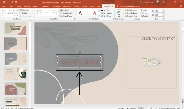 Cosa sono le WordArt? Un esempio di testo stilizzato in PowerPoint, con opzioni di formattazione visibili.