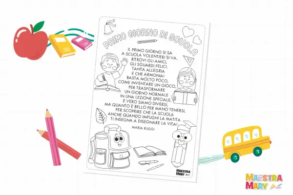 Pagina da colorare con una filastrocca del nuovo anno scolastico, con bambini, libri, matite, zaino e scuolabus.