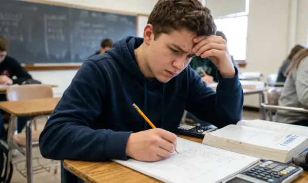 A frustrated student with hand on forehead, writing in a notebook in a classroom.