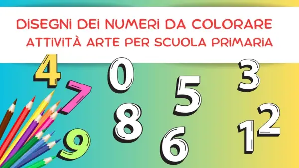 Attività per trasformare i numeri in disegni da colorare: matite colorate e numeri 0-9, 3, 12 su sfondo sfumato.