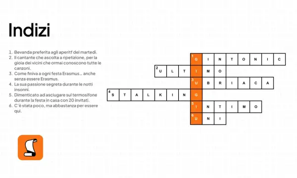 Indizi per un crossword puzzle maker italiano. Le caselle sono parzialmente riempite con lettere.