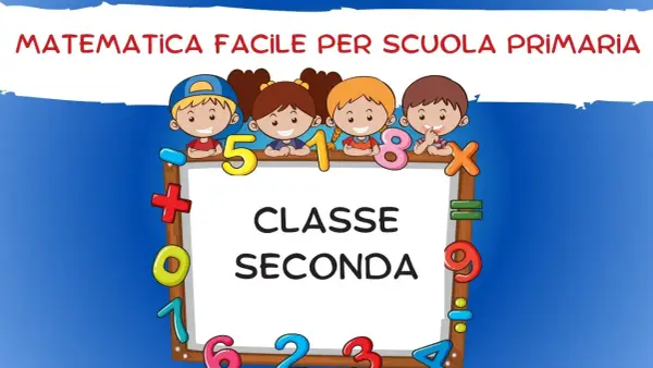Bambini sorridenti celebrano la matematica facile per la scuola primaria, con numeri e simboli che circondano la scritta "Classe Seconda".