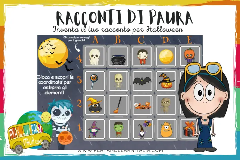Un gioco per creare storie paurose di Halloween con personaggi spaventosi, zucche e pipistrelli.