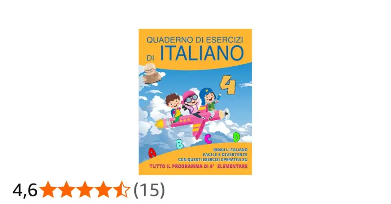 Quaderno di grammatica per la classe quarta, con bambini che volano su un aereo-razzo tra le nuvole.